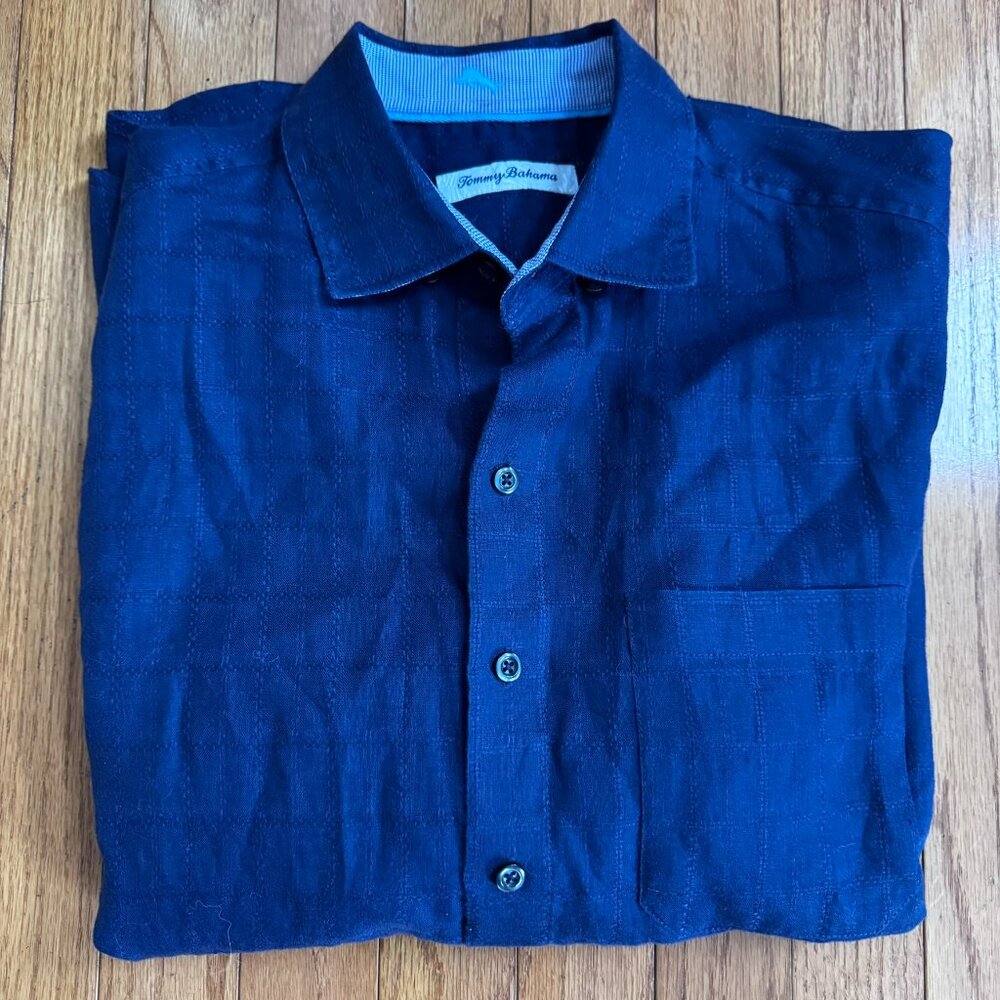 Tommy Bahama Navy Linen Open Weave Windowpane Shirt – Breezy Resort Style